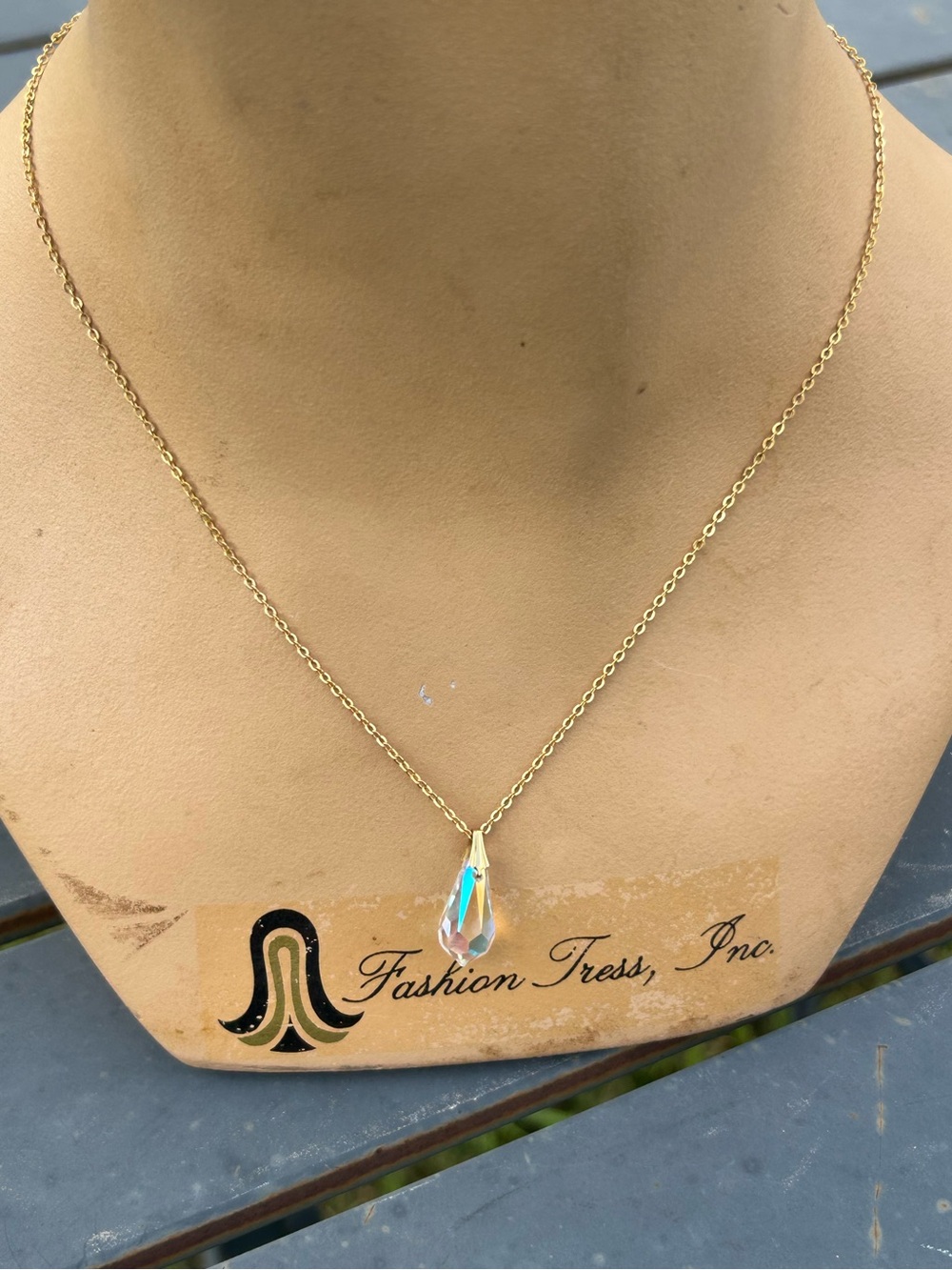 Aurora Borealis Iridescent Teardrop Pendant Necklace Gold-Tone Chain